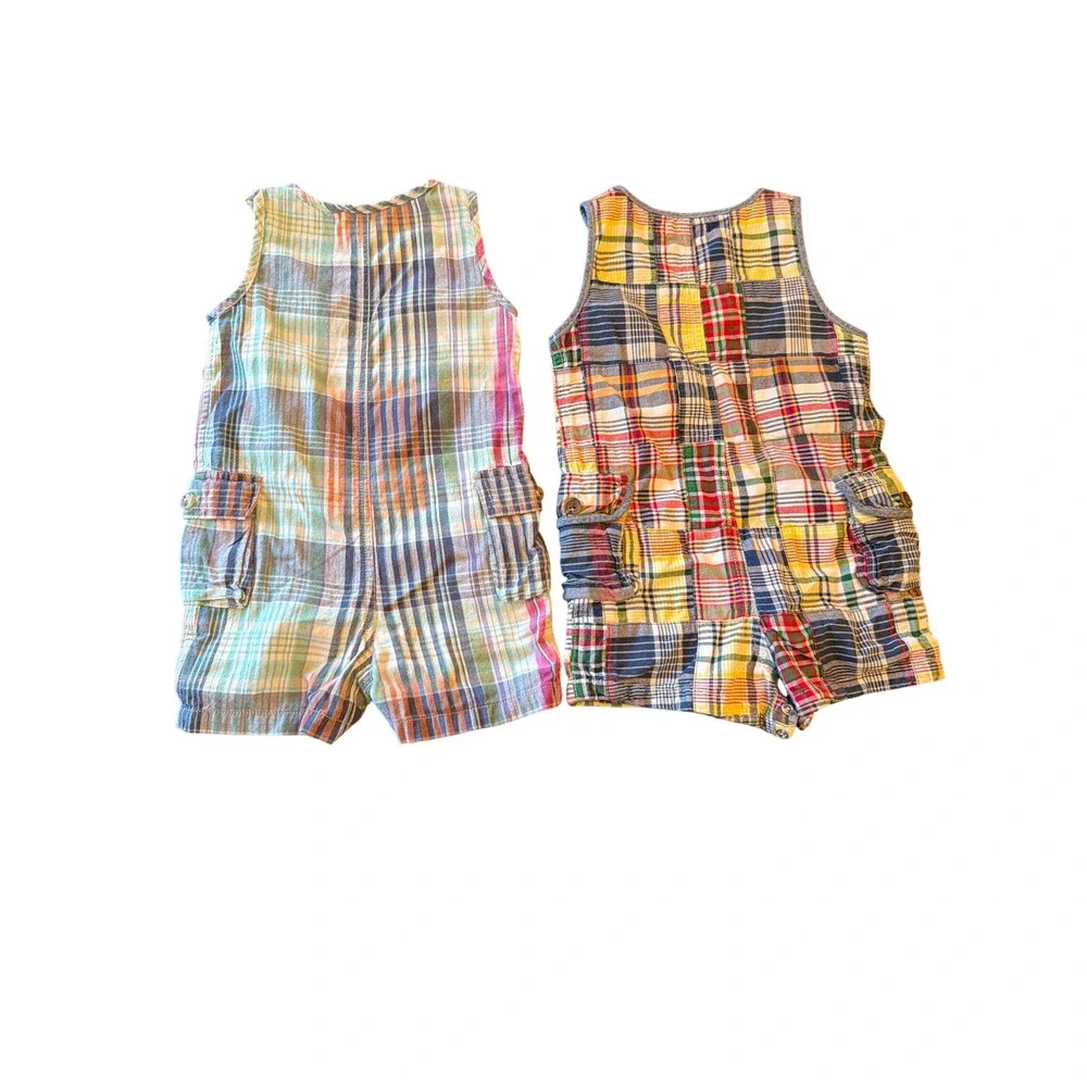 Ralph Lauren Romper Multicolored Patchwork Madras Plaid Shortall Set 9M 2pc